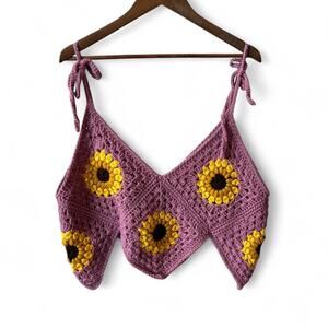 Handmade Sunflower Crochet Halter Top Pink XXL Art Textile Festival Y2K